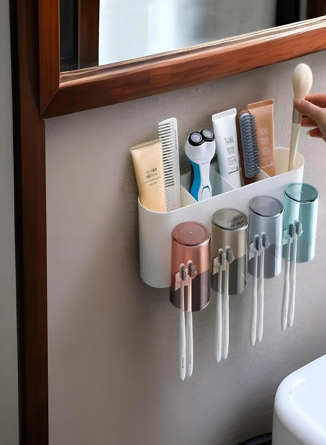 OSLEN Plastic Toothbrush Holder Wall Mounted with 4 Cups | Bathroom Toothbrush Organizer Stand with Dustproof Cover | Toothbrush and Toothpaste Holder for Family, Bathroom Wall Storage Rack (White) - Image 2